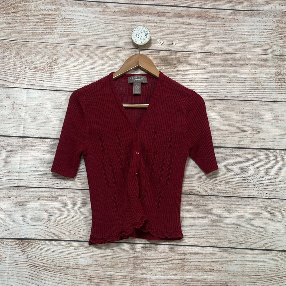Norton McNaughton PL Red Burgundy Knit Button Down Short Sleeve Top Petite Large